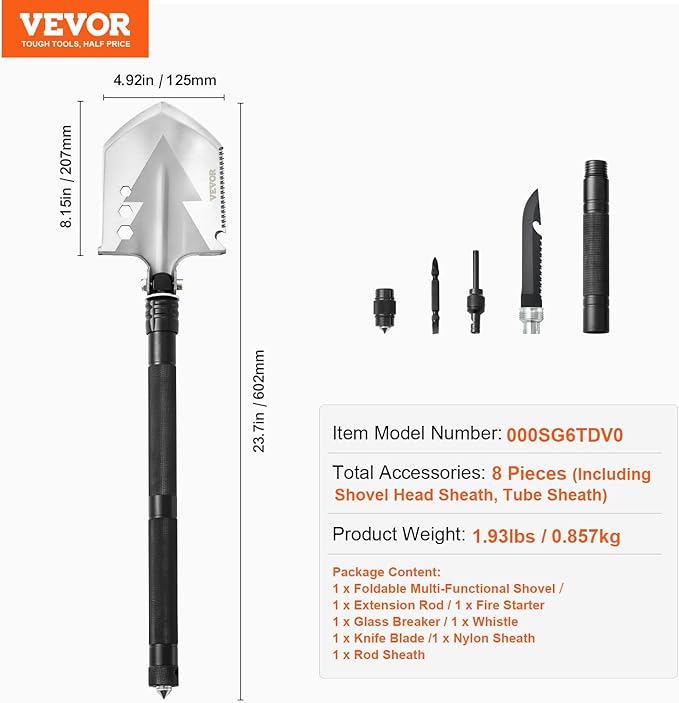 VEVOR Survival Shovel, 8 in 1 Camping Shovel Folding Multitool Kit, Portable and Compact, Stainless Steel, Multifunction for Off-Roading, Camping, Hiking, Outdoor, Survivalist and Emergency