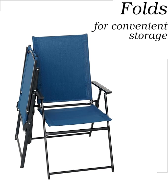 4 Pcs Patio Dining Chairs with Armrests Folding Outdoor Chairs Used for Camping Garden Backyard Pool Porch - Lightweight Blue Sling High Back