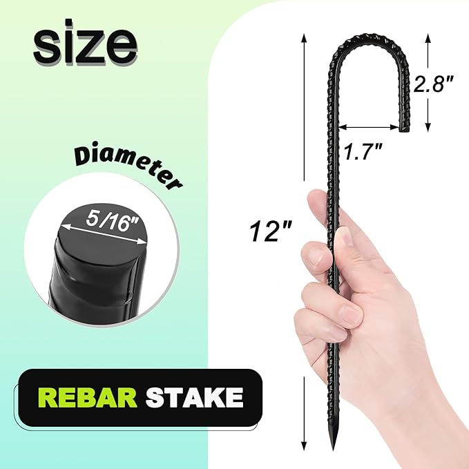 Kadrick 32-Pack Rebar Stakes 12 inch,J Hook Ground Stakes Anchors, Black Galvanized Fence Stakes,Heavy Duty 5/16'' Diameter
