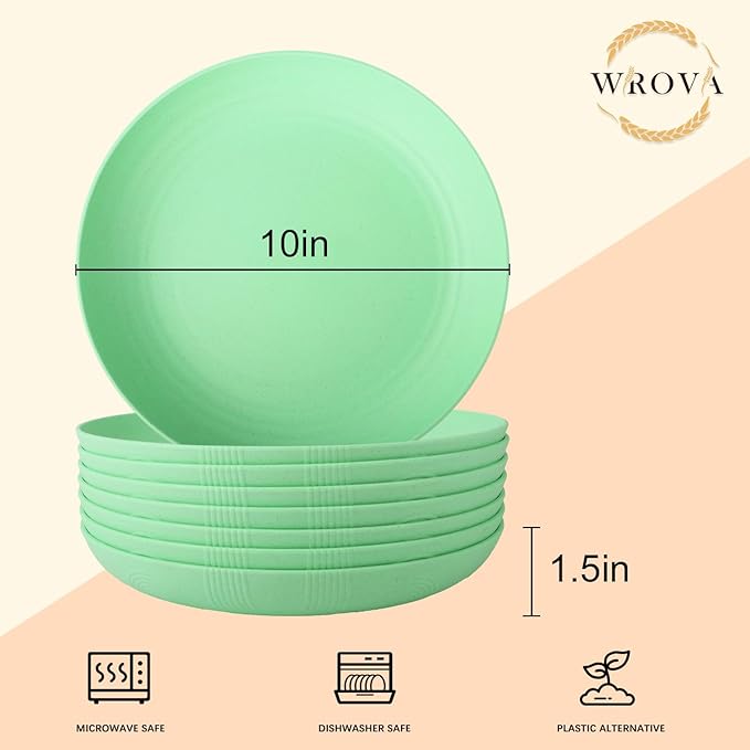 Wheat Straw Plates - 10 Inch Unbreakable Dinner Plates Set of 8 - Dishwasher & Microwave Safe Plastic Plates Reusable for Kitchen and Camping (Light Green)