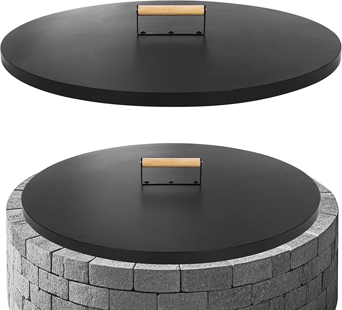 G GOOD GAIN Firepit Lid Round 28 Inch - Rust Resistant Fire Pit Lid Cover with Wooden Handle & Gloves, Fire Pit Snuffer Lid for Courtyards, Patio, Winter Cold Protection.