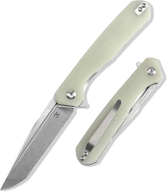 KANSEPT Qilin Pocket Knife,3.24'' Stonewashed 154CM Sharp Tanto Blade, Jade G10 Handle for Edc, Flipper and Liner Lock with Double-Sided Clip, Men Camping Survival Folding Knives T1047T5