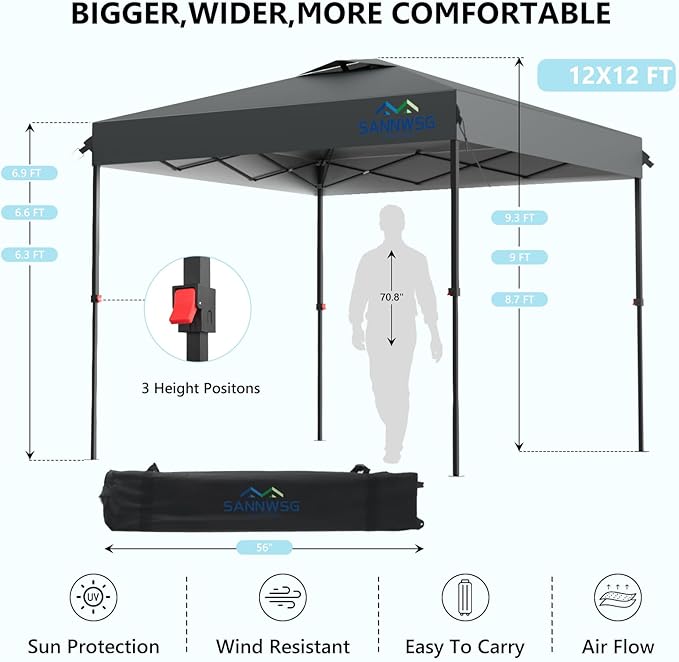12X12 Pop Up Canopy Tent with 3 Sidewalls,Easy Up Canopy,Commercial Instant Shelter,Heavy Duty One Person Set Up Event Tent,Grey