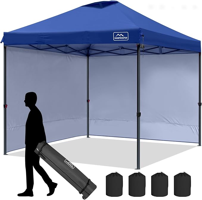 KAMPKEEPER 10x10 Pop Up Canopy Tent with 2 Sidewalls, Beach Tent - Easy Outdoor Sun Shade for Events, Parties, Camping - Gazebo with 4 Weight Bags & Carry Bag.(Navy Blue)