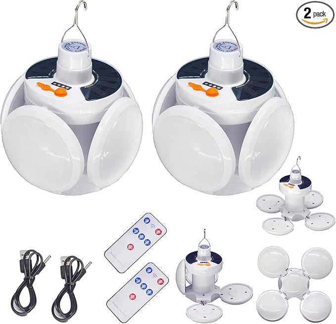 Folding Solar Light Outdoor Waterproof Portable Camping Hanging Tent Lantern Remote Control USB 4000mah Battery Rechargeable Foldable for Home Indoor Emergency Power Outage 2 Pack