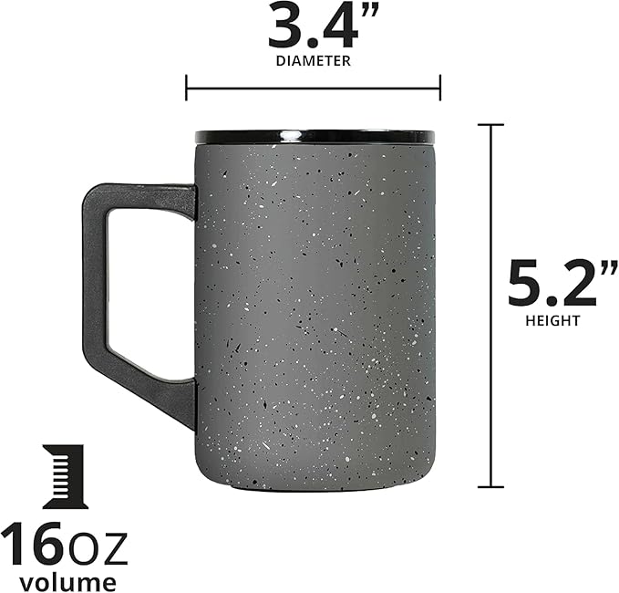 Elemental Insulated Coffee Mug - Triple-Wall Stainless Steel Summit Travel Cup for Hot and Cold Drinks - Thermal Coffee Mug with Lid and Handle for Camping, Office & Travel 16oz - Grey Speckle