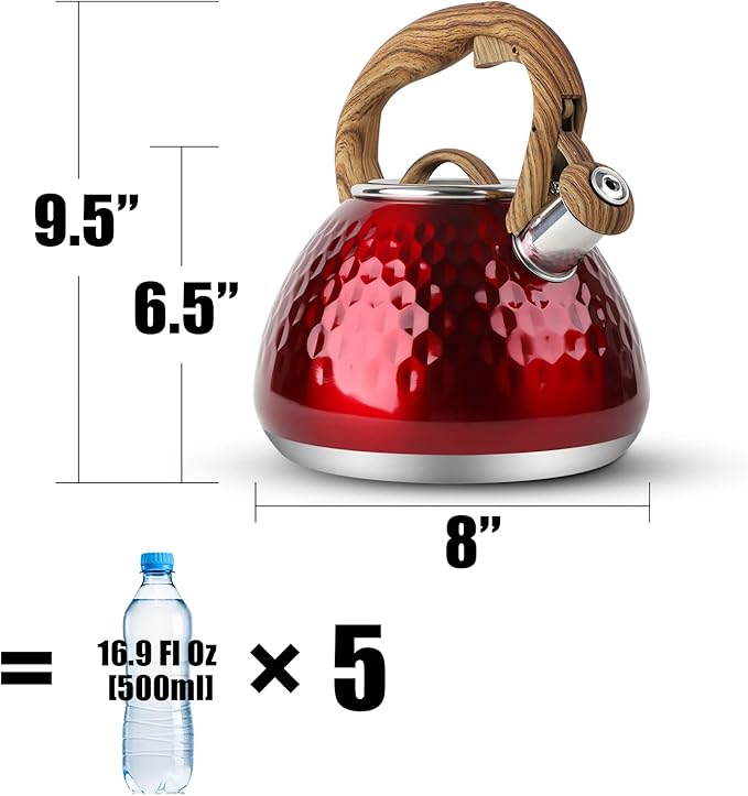 Tea Kettle, Toptier Teapot Whistling Kettle with Wood Pattern Handle Loud Whistle, Food Grade Stainless Steel Tea Pot for Stovetops Induction Diamond Design Water Kettle, 2.7-Quart Red