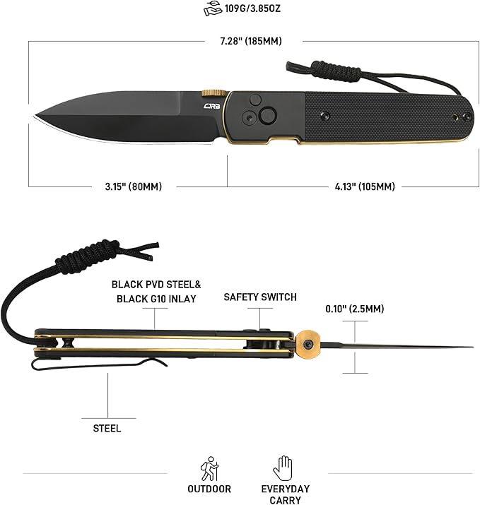 CJRB Locust Folding Knife, 3.15'' AR-RPM9 Steel Blade Pocket Knife with Black PVD Steel&G10 Inlay Handle, Button Lock with Safety Switch EDC Knife for Men Women Camping Hiking(1951-BG)