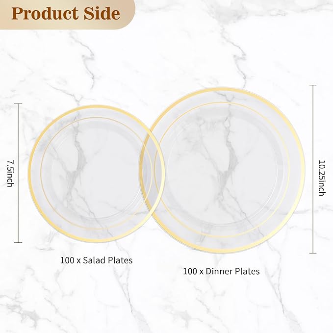200PCS Clear Gold Plastic Plate, Disposable Party Plates with 100 Dinner and 100 Dessert Plates, Plastic Plate for Party, Wedding and Birthday