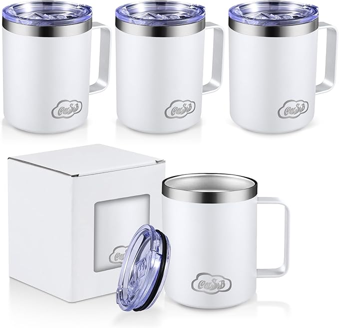 12oz Insulated Coffee Mug with Handle, Stainless Steel Wide Mouth Travel Tumblers with Lid, Double Wall Vacuum Coffee Cup for Camping, Office, White 4 Pack