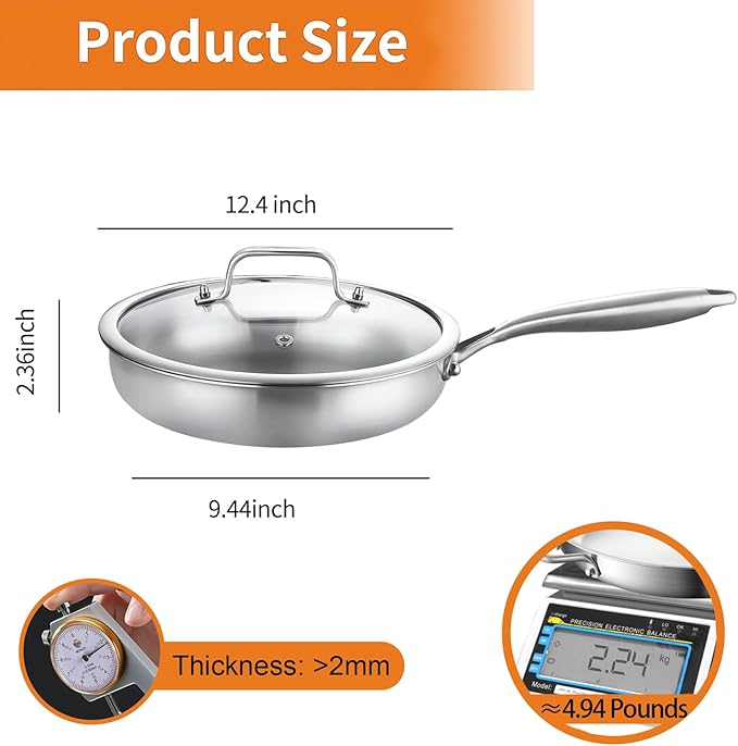 DELARLO Kitchen Whole Body Tri-Ply Stainless Steel Frying Pan, 12 inch,Stainless Steel, Oven safe induction skillet, Pots and Pans set,Suitable for All Stove