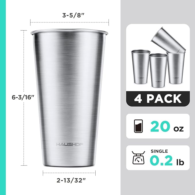 HAUSHOF Pint Cup, 20 oz Stainless Steel Cups, Stackable Metal Drinking Cups, Stacking Beer Pint Cups for Home, Party, Camping, Outdoor, Unbreakable, 4 Pack