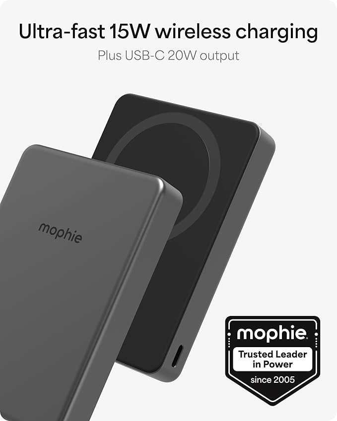 Mophie Powerstation Wireless 10,000mAh Power Bank – MagSafe Compatible, 15W Qi2-Certified, 30W USB-C PD Fast Charging, Slim Battery Pack for iPhone, Android, Travel & Airplane Use