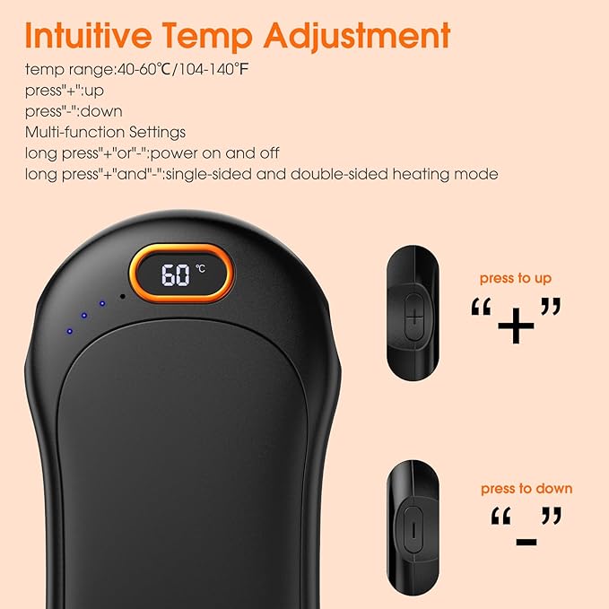 Hand Warmers Rechargeable,2 Pack Double Sided Heating Warmer That Surrounds Warmth for Palm and Fingers,Magnetic Electric Handwarmers 10000mAh with Adjustable Temp,Winter Gifts for Men and Women