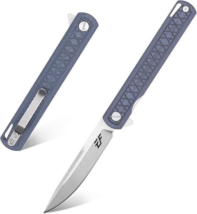 Eafengrow EF16 Folding Knife Flipper Ball Bearing Point D2 Blade G10 Handle with Pocket Clip Everday Carry Pocket Knife Liner Lock Camping Tactical Outdoor Multitool (Gray Blue)