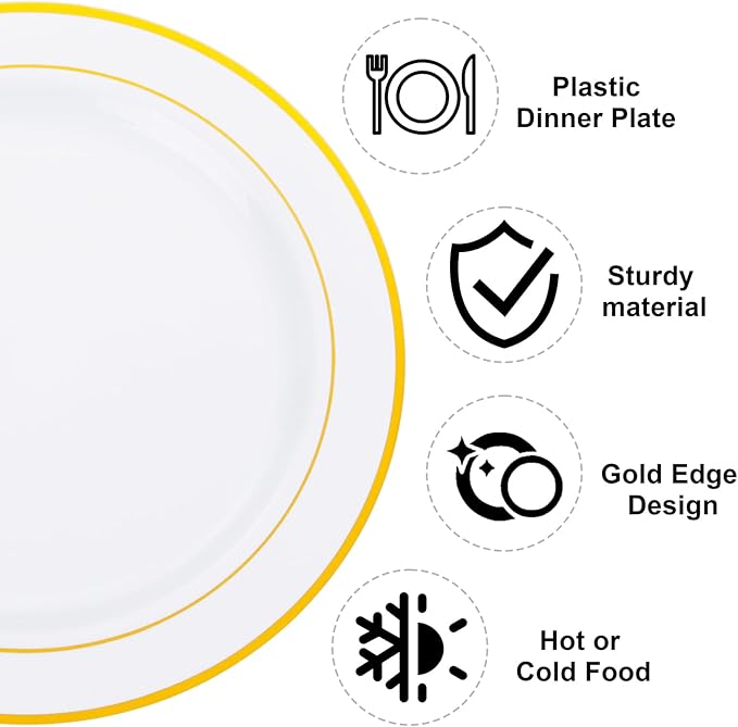 WELLIFE 72PCS Gold Plastic Plate, 10.25Inch Disposable Dinner Plate Party with Gold Rim, Heavy Duty Disposable Plastic Plates for Party, Wedding, Birthday.