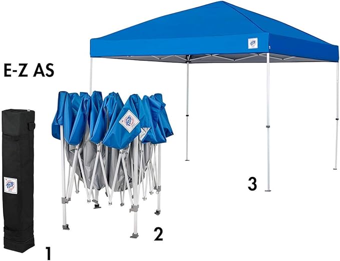 E-Z UP Envoy Outdoor Canopy Pop Up Tent, 10' x 10', Roller Bag, 4-Piece Spike Set, Recreational Grade, Royal Blue Top