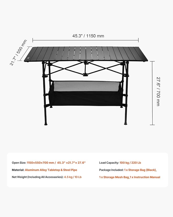 VEVOR Folding Camping Table, Adjustable Height Portable Side Tables, Aluminum MDF Beach Table with Mesh Layer, Carrying Handle, Lightweight Compact for Outdoor Picnic BBQ Cooking (45inch-Black)