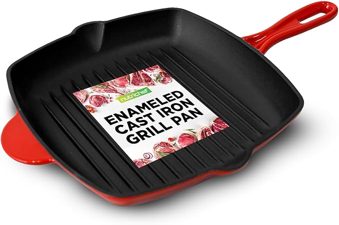 NutriChef 11" Enameled Cast Iron Steak Grill Pan - Square Skillet with Drip Spout, For All Cooktops, Perfect Grill Marks - NCCIES47