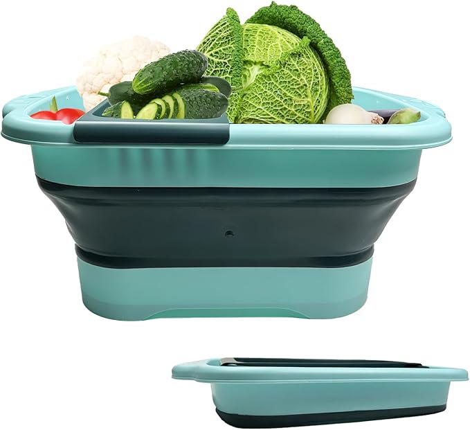 Collapsible Dish Basin,11.5L(3 Gallon) Collapsible Dish Tub with Drain Plug,Space Saving Multi-Purpose Vegetable Washing Basket,Portable Sink for Kitchen,RV(Green)