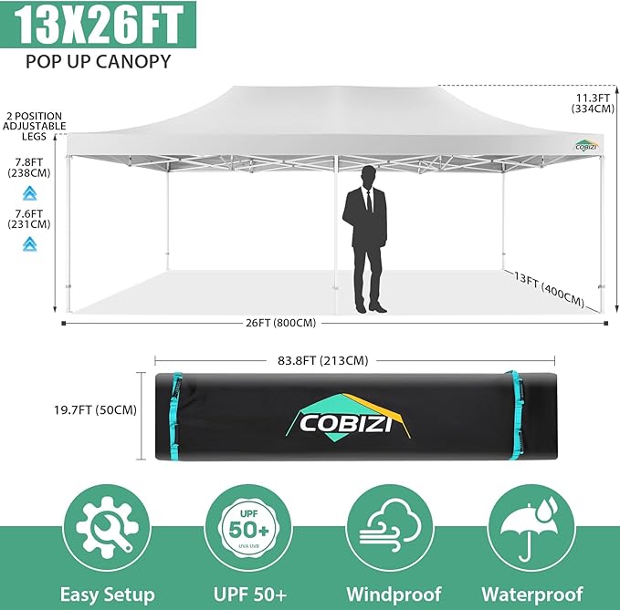 COBIZI 13x26 Pop Up Tent 13x26 Canopy with Sidewalls Heavy Duty Canopy Party Tent for Parties, Outdoor Wedding Large Event Tent Wind Waterproof UPF 50+ Ez Up in Garden Lawn with Roller Bag, White