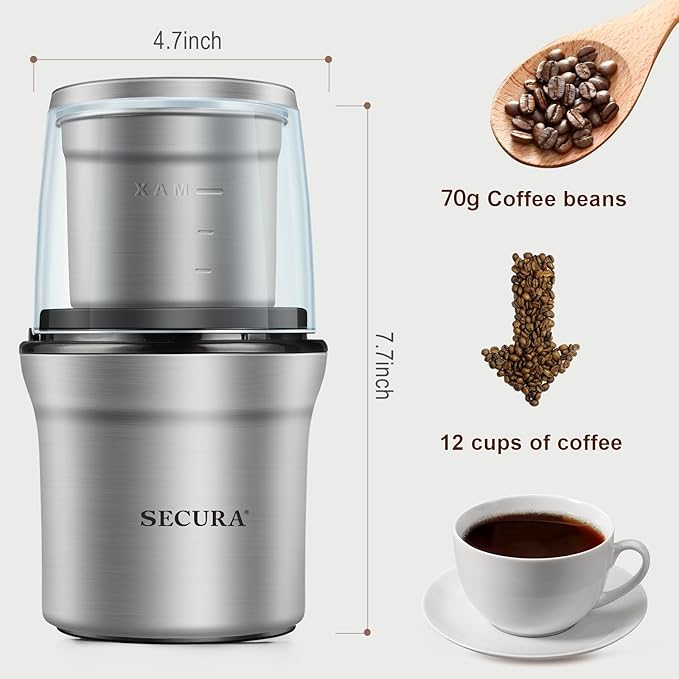 Secura Electric Coffee Grinder and Spice Grinder with 1 Stainless Steel Blades Removable Bowl, Dry Grinding