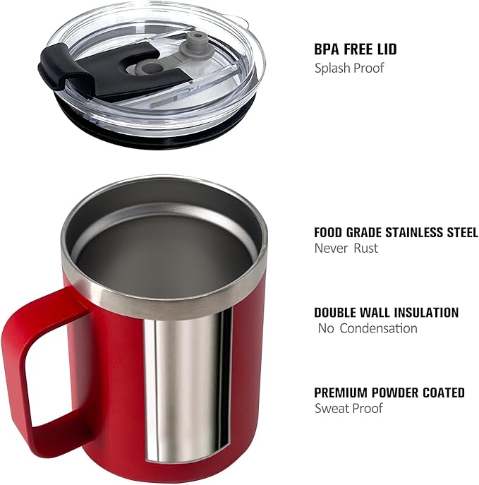 4pack 12oz Coffee Mug With Handle Bulk, Stainless Steel Insulated Travel Tumblers With,Double Wall Vacuum Camping Cup for Hot & Cold Drinks Tea (red)
