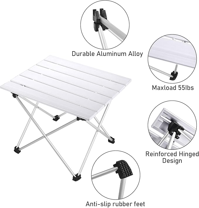 Tesouro Portable Camping Table,Folding Side Table Aluminum Top for Outdoor Cooking, Hiking, Travel, Picnic (Sliver-Medium)