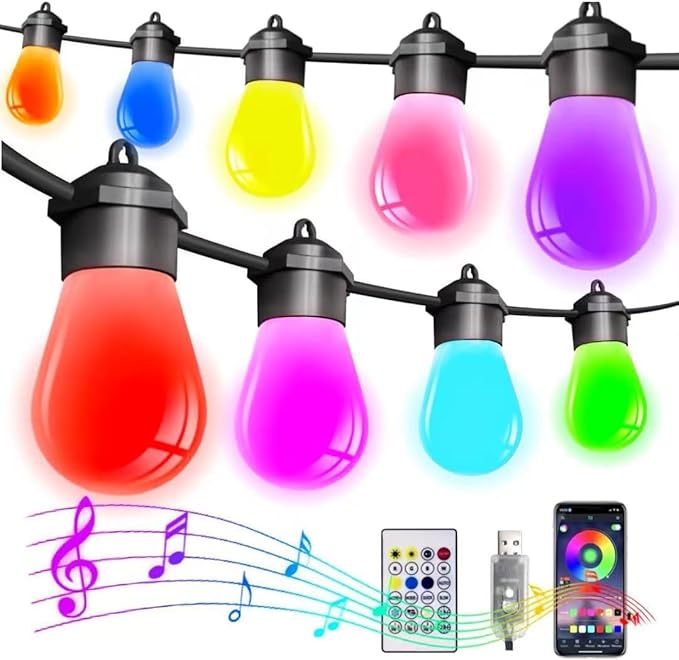 Honche Smart Outdoor String Lights, 36FT Outdoor Lights with 15 Dimmable RGB LED Bulbs, Color Changing 213 Scene Modes for Patio, Backyard, Garden,Balcony, Camping,Waterproof,Remote/APP Control,USB