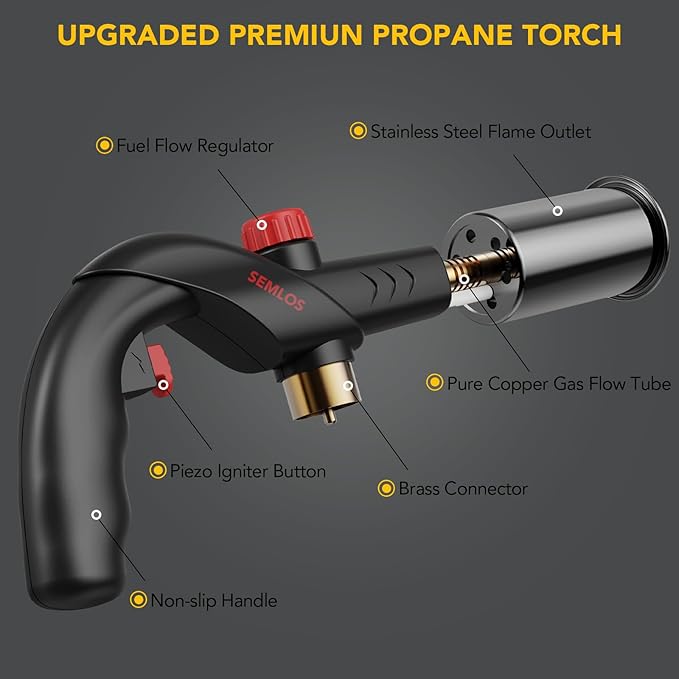 Semlos Propane Torch, Premium Metal Large Torch, Refillable Blow Torch Lighter with Adjustable & Wind Resistant Flame for Cooking, BBQ, Welding, DIY & Soldering (Propane Gas Not Included)