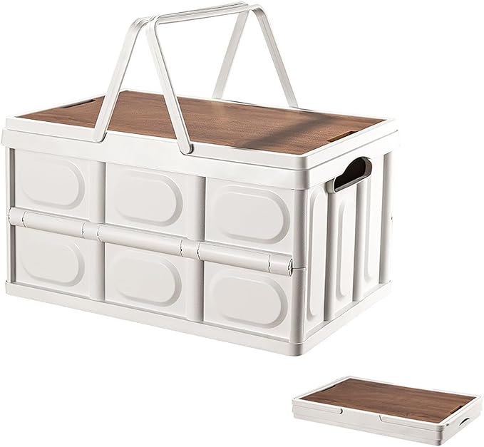 VPTMRP Collapsible Storage Bin with Handles and Wooden Lid, Large Capacity Stackable Utility Crates Holds 33lbs for Outdoor Home Storage Organizing Moving (30L/7.9Gal)