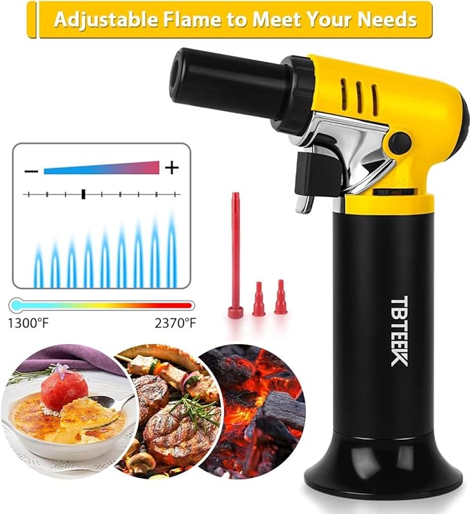 TBTeek Torch Lighter with Butane Included, T907 Butane Torch with 180ml Fuel Refill, Refiilable Kitchen Torch Lighter with Adjustable Flame for BBQ, Brulee Creme, Crafts and Soldering (1 Can)