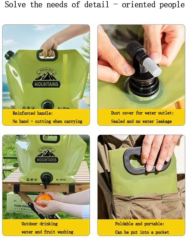 Collapsible 8L Water Storage Bag, BPA-Free Portable Folding Water Jug with Adjustable Faucet, Leakproof Emergency Water Bag for Camping, Hiking, Riding, Outdoor Sport 1green