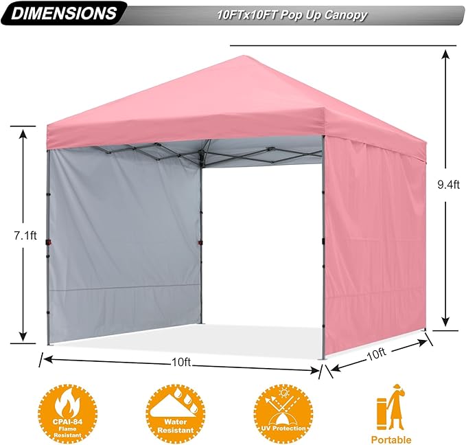 ABCCANOPY Pop up Canopy Tent with 2 Sidewalls for Outdoor Sun Blocking or Rain Protection,10x10, Pink