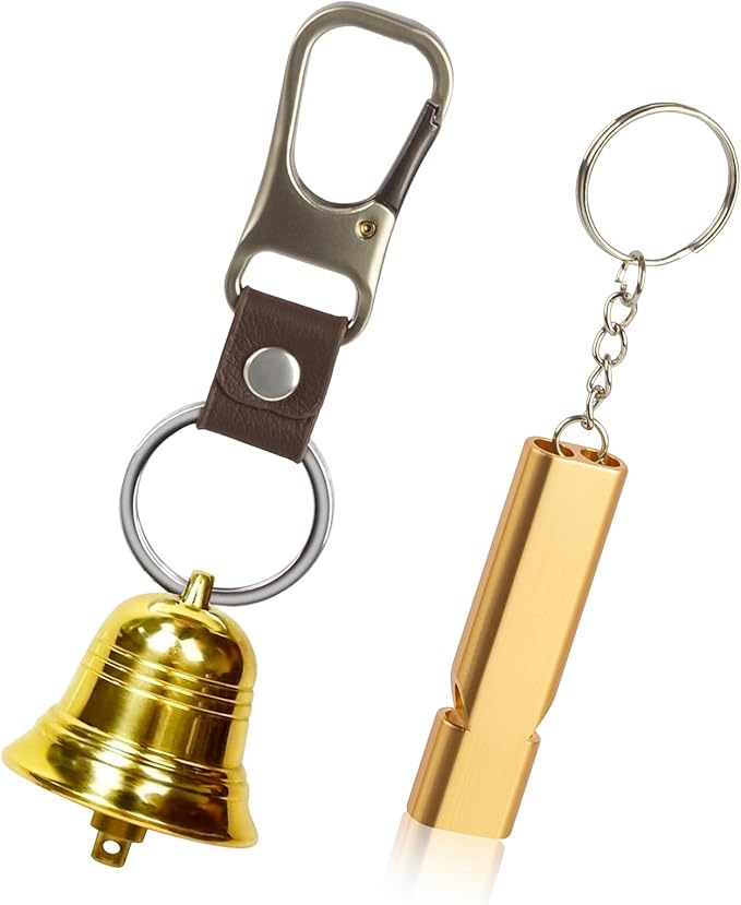 Fhmidic Loud Bear Bell with Whistle Set for Hikers, 3 in 1 Hiking Gear Solid Brass Bear Bells with Silencer, Carabiner and Emergency Whistle for Survival, Hiking, Camping, Climbing