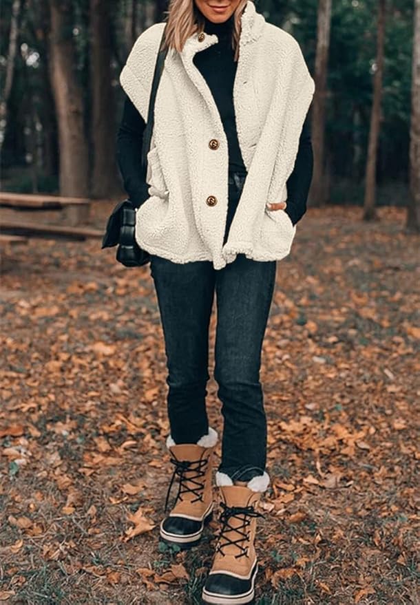 Hongqizo Womens Fuzzy Fleece Vest Casual Oversized Warm Button Down Sherpa Vest Jacket with Pockets