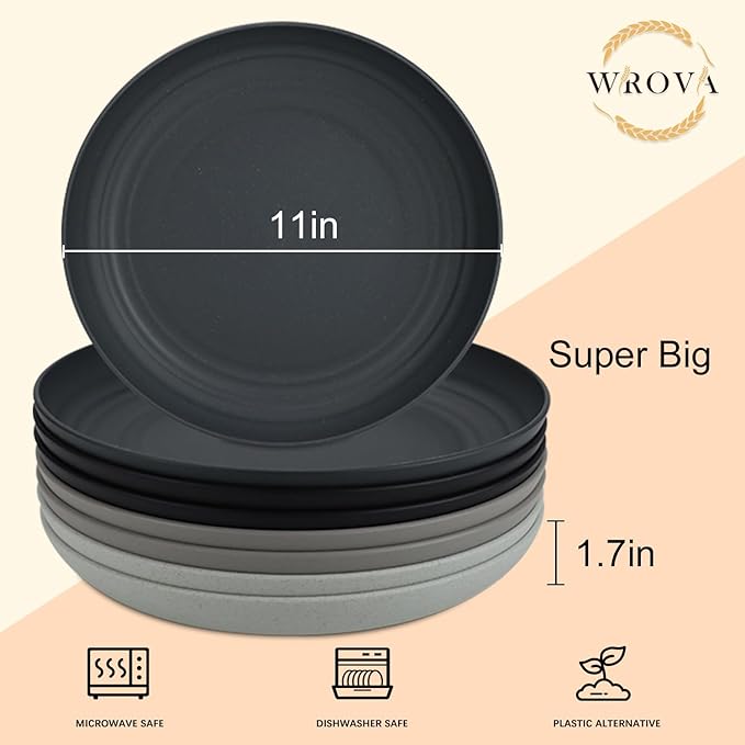 Large Wheat Straw Plates - 11 Inch Unbreakable Dinner Plates Set of 8 - Dishwasher & Microwave Safe, Reusable - Deep Edge for Kitchen and Camping (Classic)