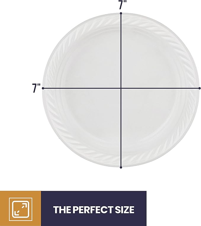 150 Pack - 7 Inch White Plastic Plates Disposable Strong and Sturdy