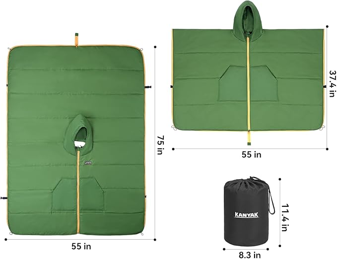 Outdoor Camping Blanket, Poncho Wearable Hoodie Blankets, Waterproof & Windproof, 75 * 55 inch, Warm, Durable & Portable, for Stadium, Concerts, Car Travel, Beach, Picnic, Grass