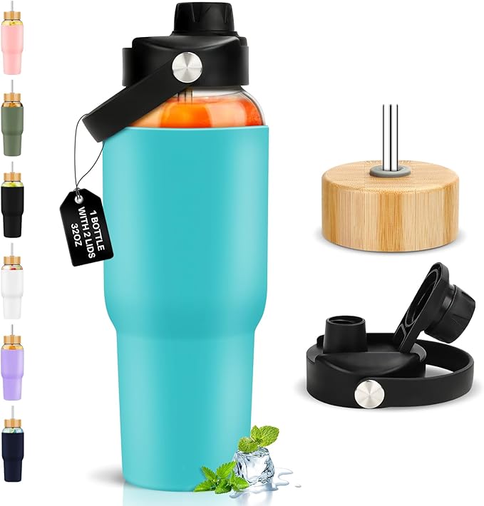 PROBTTL Glass Water Bottles 32 oz, 1 Liter Glass Tumbler, Borosilicate Water Bottle with Straw, Silicone Sleeve, 2 Lids - Handle Spout & Bamboo Straw Lid, Fits Car Cup Holder(AQUA)
