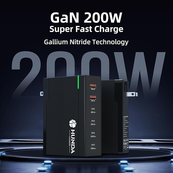 HUNDA 200W USB C Charger GaN Charging Station 6 Ports Fast PD 100W Type C MacBook Charger Desktop Adapter Support PD3.0 /PPS 45W /QC5 for MacBook Pro/Air, iPhone 15/14, Galaxy s24/s23,HP,Dell etc
