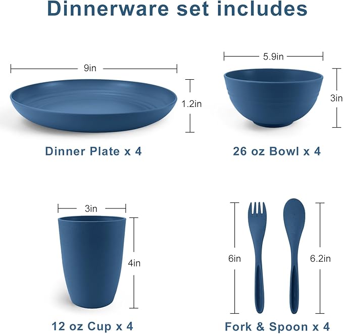 Wheat Straw Dinnerware Sets 20 PCS, Unbreakable Kid Plates and Bowls Sets, Alternative to Plastic Dishes Set for 4, Dinner Plates, Drinking Glasses for Camping, College, Dorm (Blue)