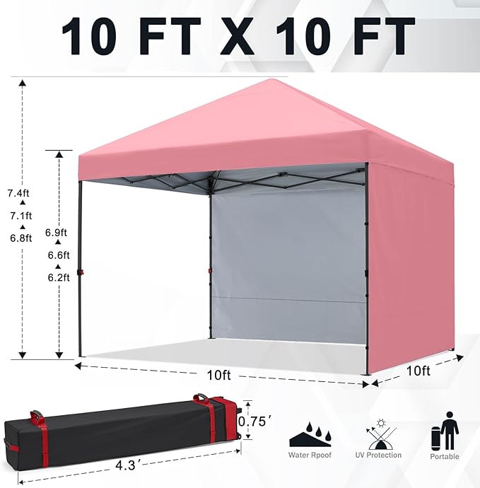 COOSHADE Pop Up Canopy Tent 10x10 with 2 Sidewalls, Outdoor Shade Instant Canopy Tents, Pink