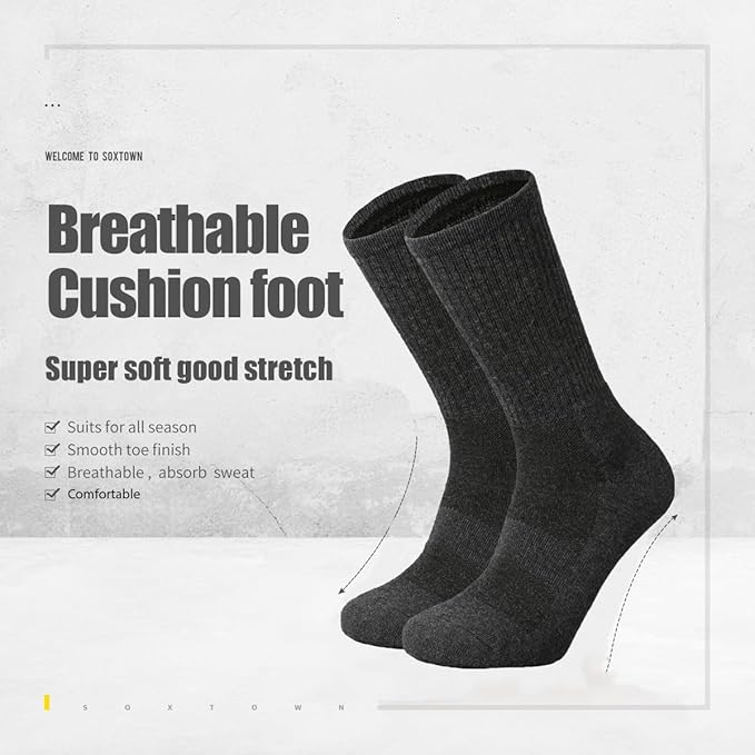 SOX TOWN Men's Merino Wool Cushion Crew Socks for Outdoor Hiking Hike Trail Performance Moisture Wicking Lightweight Summer