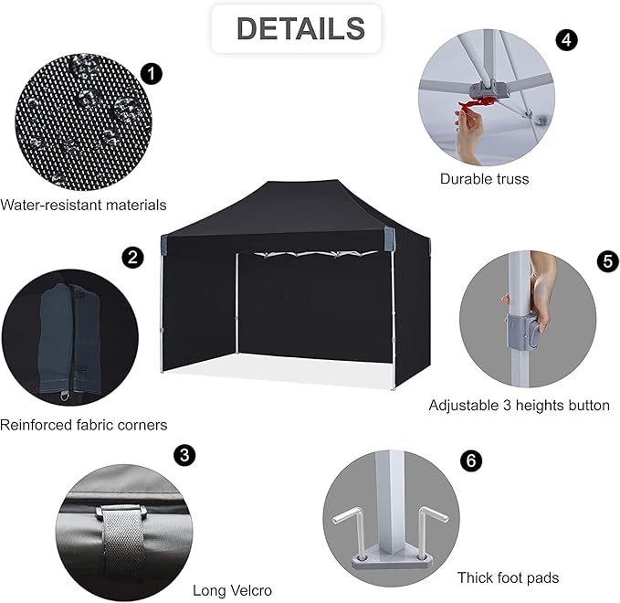 pop up Canopy Tent 10x15, Eazy up Outdoor Patio Canopy Tent with sidewalls, Heavy Duty Commercial Instant Canopy Tent with Sand Bags for Deck, Party, Camping, Backyard, Playground, Black