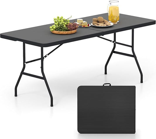 GYMAX 6FT Folding Table, Portable Lightweight Camping Table with Carry Handle, Easy Fold Up Rectangle Indoor/Outdoor Collapsible Table for Camp, Picnic, BBQ, Patio (Black (No Umbrella Hole))