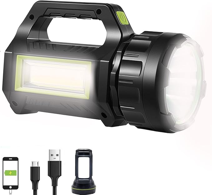 Solar LED Spotlight Lantern, Rechargeable Super Bright 10000LM Handheld LED Searchlight Flashlight, Multifunction Camping Lantern Work Light, 5 Light Modes, Waterproof, for Emergency, Home