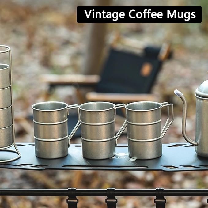 Vintage Coffee Mugs Stainless Steel Mug with Handle Camping Coffee Mugs Outdoor Hiking Cup Lightweight Camping Gear for Men Backpacking Mug, Set of 2-Silver (16.9oz/500ml)