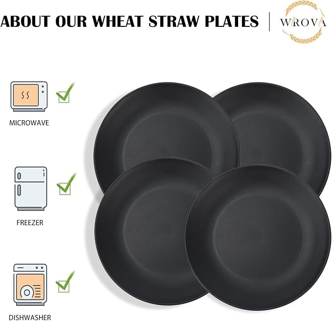 Wheat Straw Dinner Plates 9 Inch Unbreakable Set of 8 - Dishwasher & Microwave Safe Plastic Plates Reusable - Lightweight Plates for Kitchen,Camping,Apartment,Dorm,RV - Pure Black