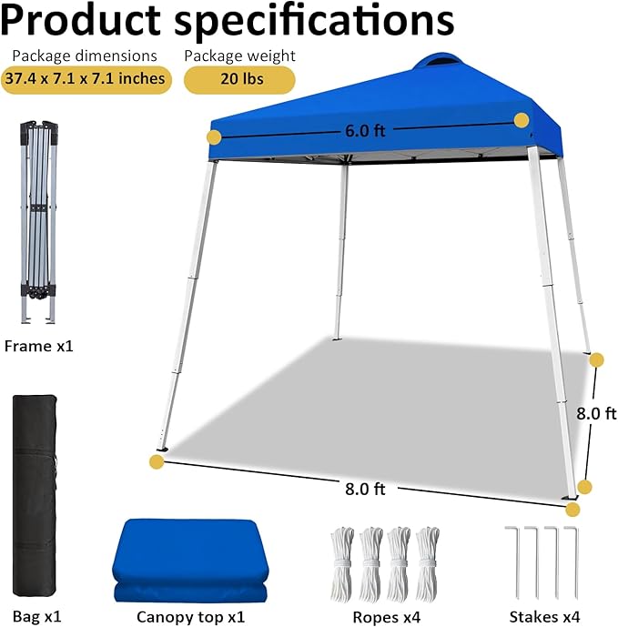 8x8 Top Pop Up Canopy Tent with Central Lock Design, Slant Legs, Backpack, Easy Outdoor Sun Shade for Events, Parties, Camping(Blue)